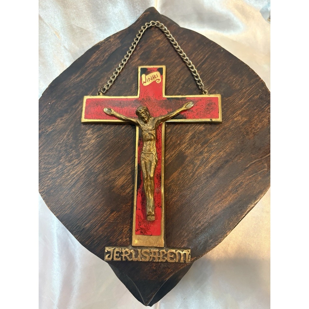 Vintage Brass Red Inlay INRA Jerusalem Cross